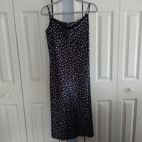 Bebe Satin Midi Silhouette Black & White Polka Dot Dress M - Picture 2 of 11